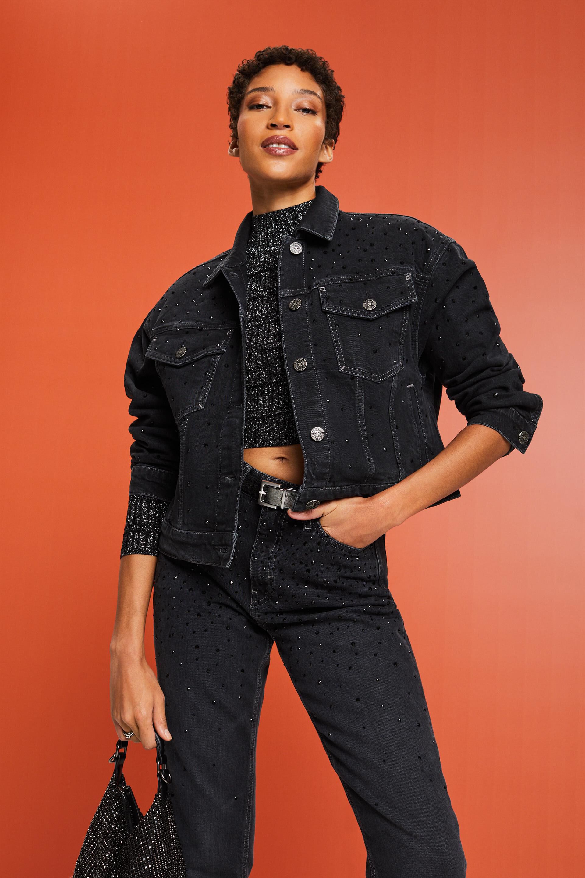 Womens long sale black denim jacket